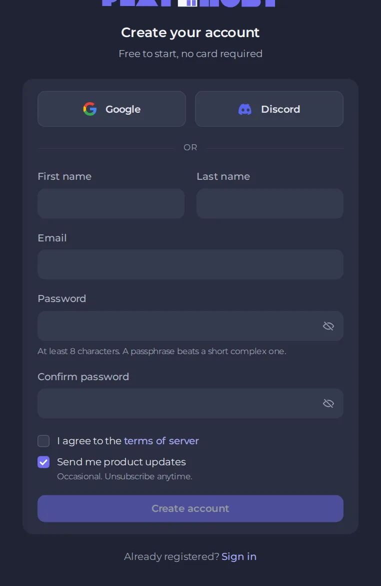 The Create your account form with name, email and password fields