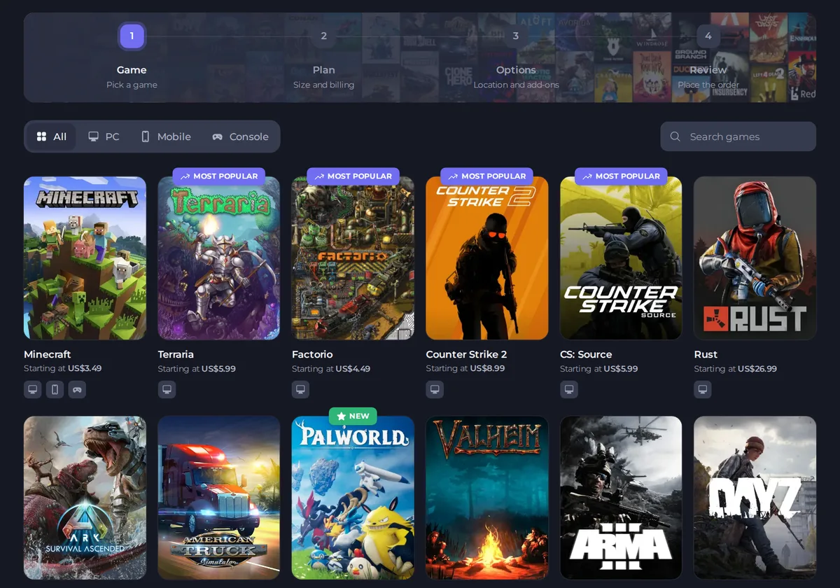 The games grid in the order flow, with a price on every game card