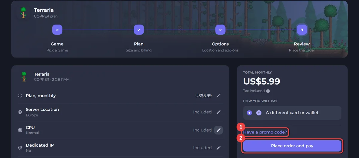 The review step with the order summary, the promo code link and the Place order and pay button