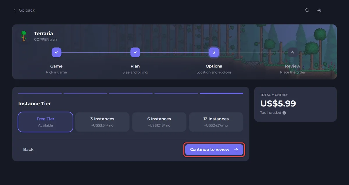 The last extras step, Instance Tier, with the Continue to review button