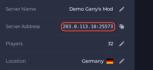 The Server Address row on the Overview page of a Garry's Mod server
