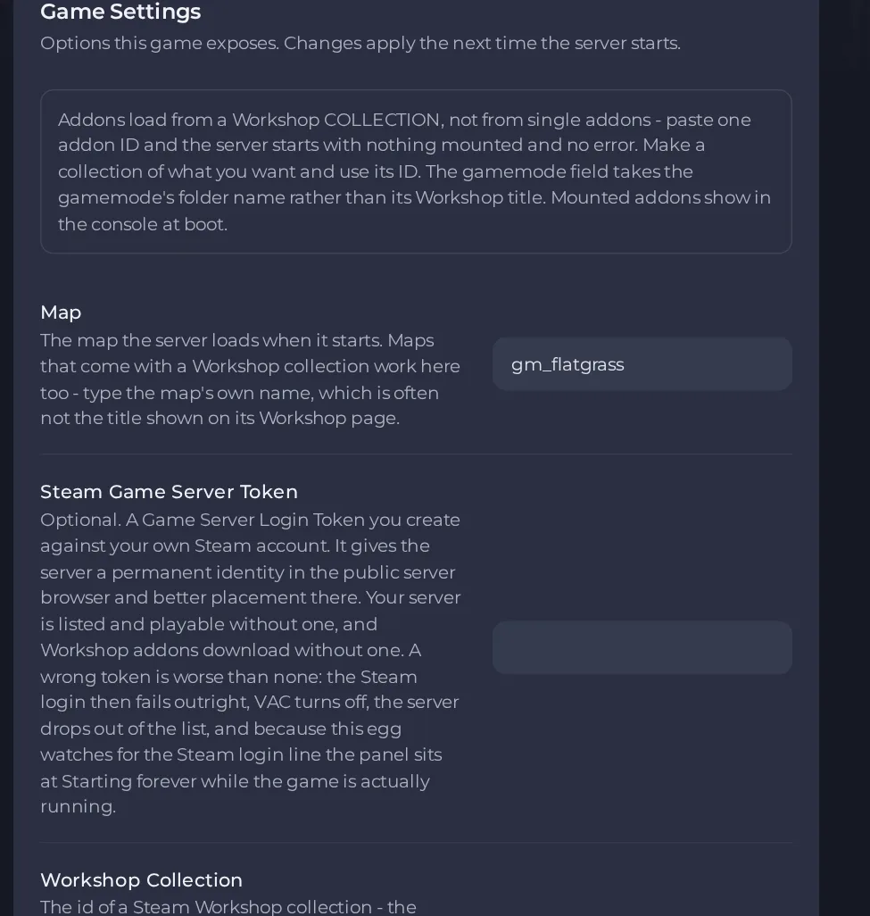 The Game Settings page of a Garry's Mod server in the panel