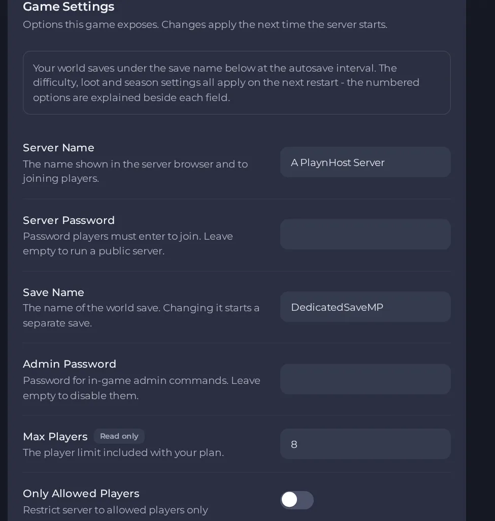 The Game Settings page of a HumanitZ server in the panel