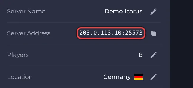The Server Address row on the Overview page of an Icarus server