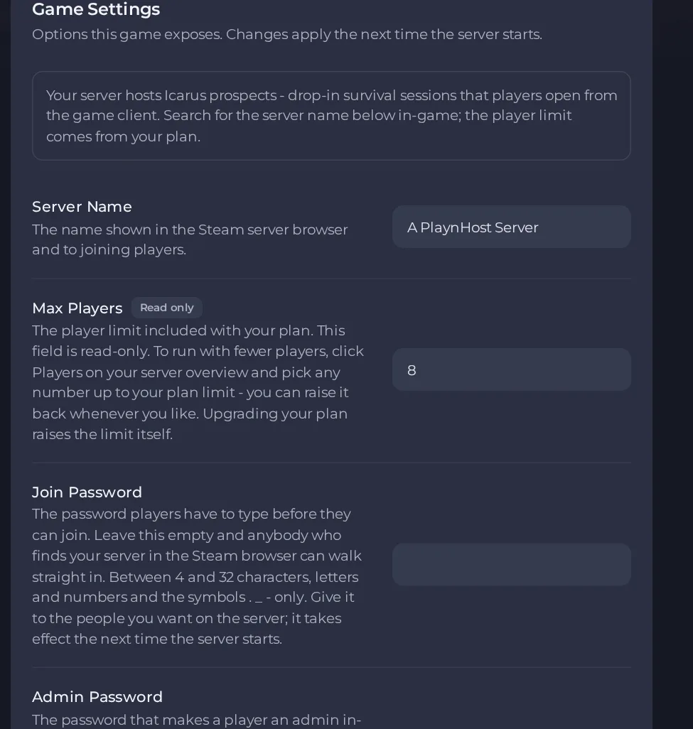 The Game Settings page of an Icarus server in the panel