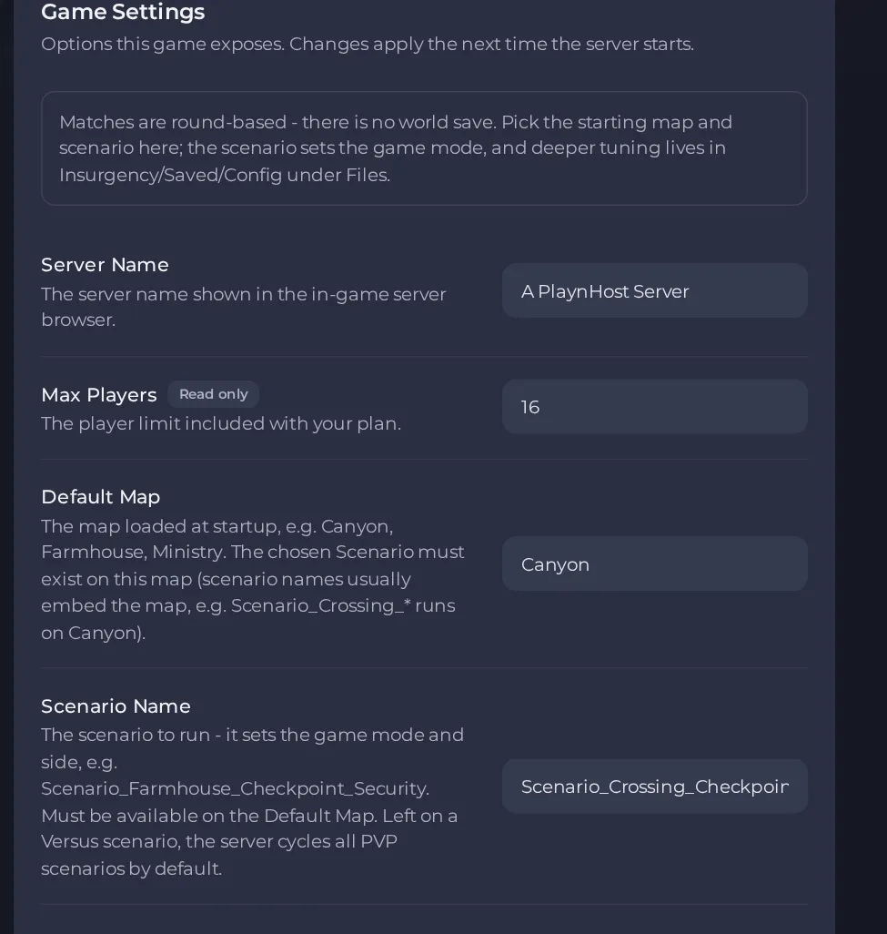 The Game Settings page of an Insurgency: Sandstorm server in the panel