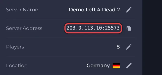The Server Address row on the Overview page of a Left 4 Dead 2 server