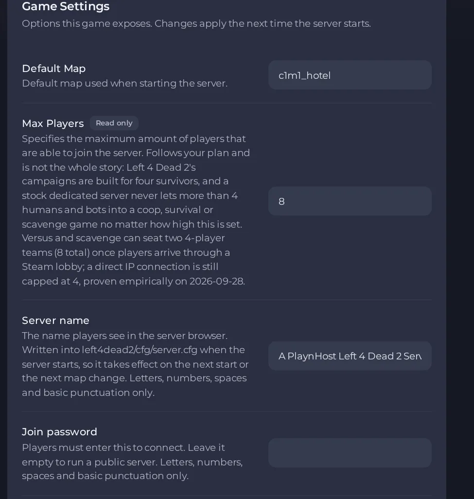 The Game Settings page of a Left 4 Dead 2 server in the panel