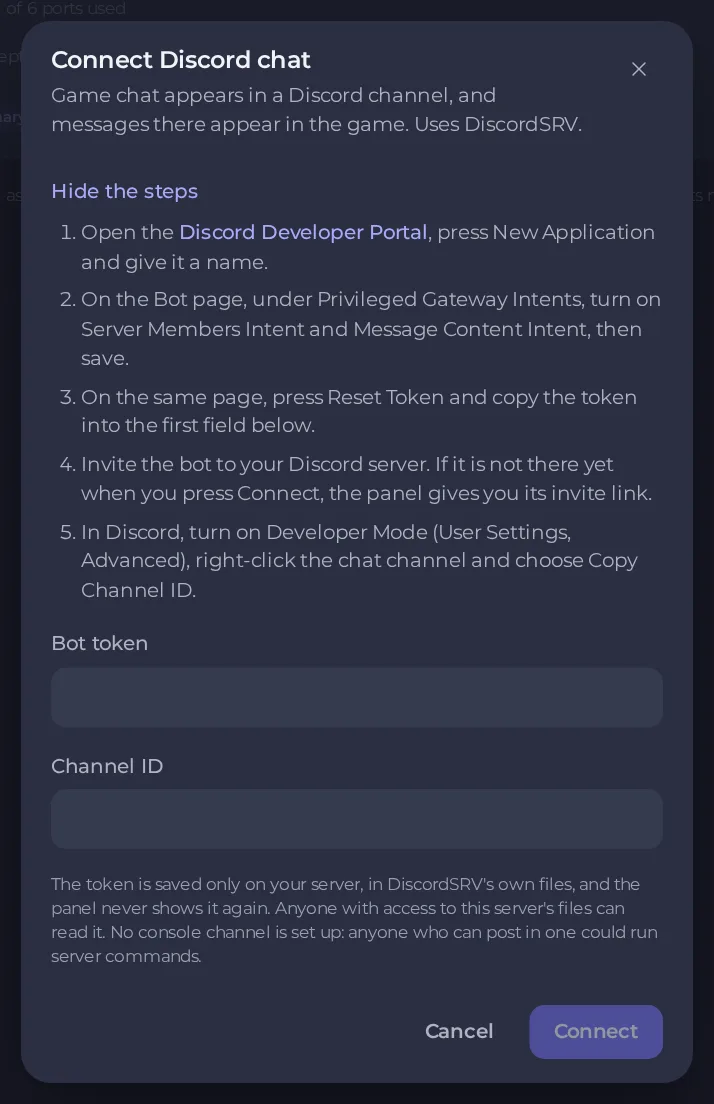 نافذة ربط دردشة Discord مع الخطوات وحقلي رمز البوت ومعرّف القناة