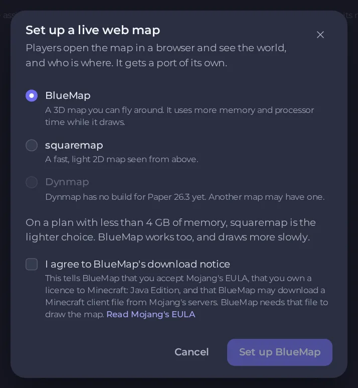 The Set up a live web map window with BlueMap, squaremap and Dynmap