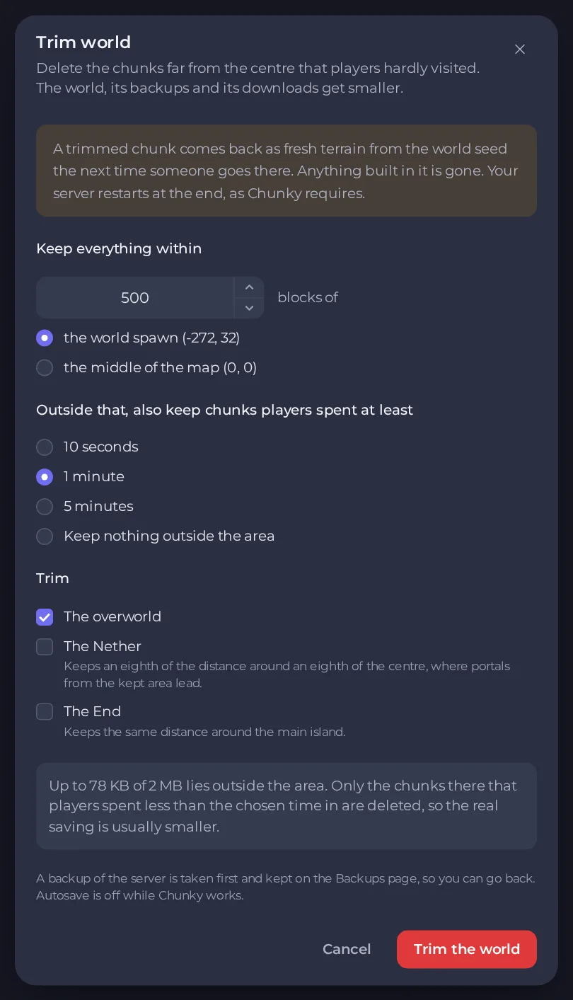 The Trim world dialog with the area to keep, time visited and dimensions