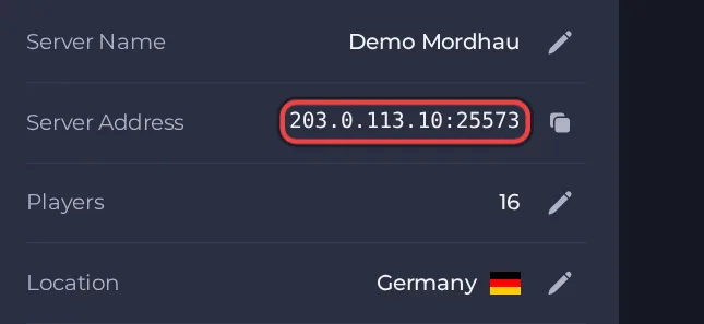 The Server Address row on the Overview page of a Mordhau server