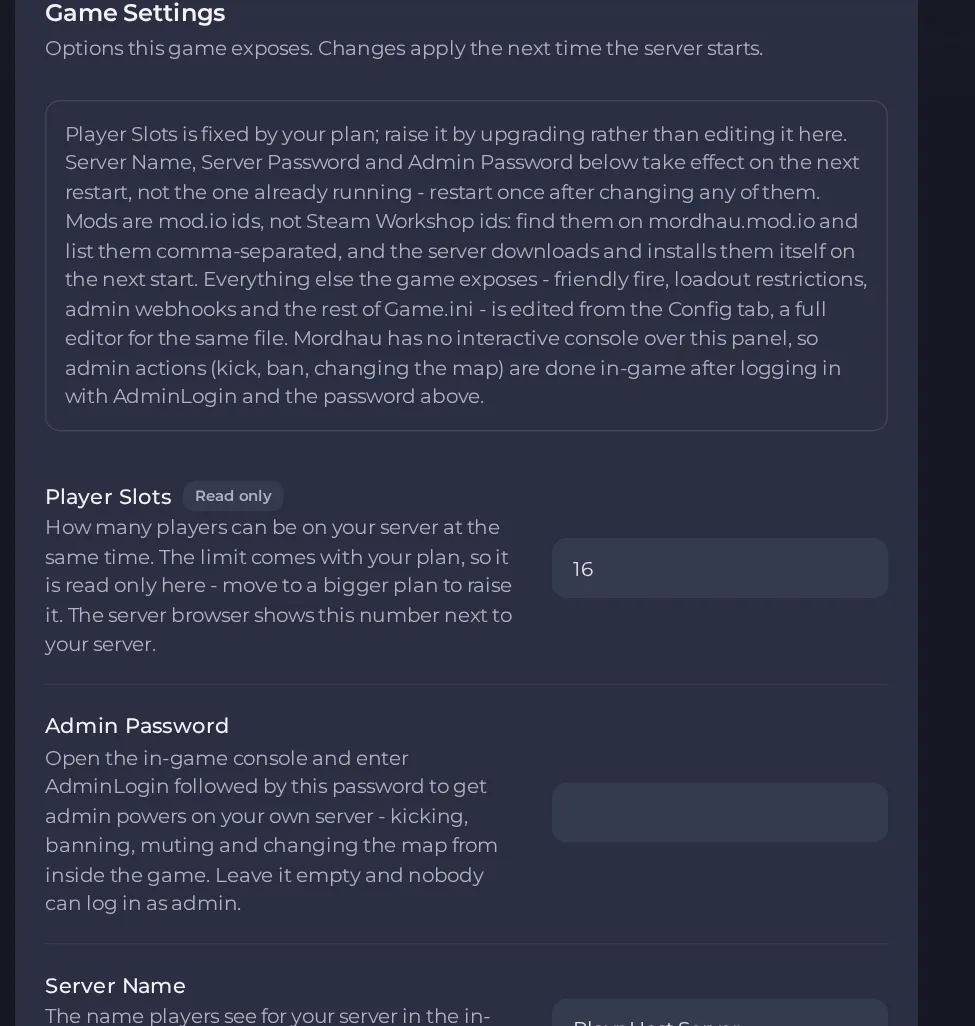 The Game Settings page of a Mordhau server in the panel
