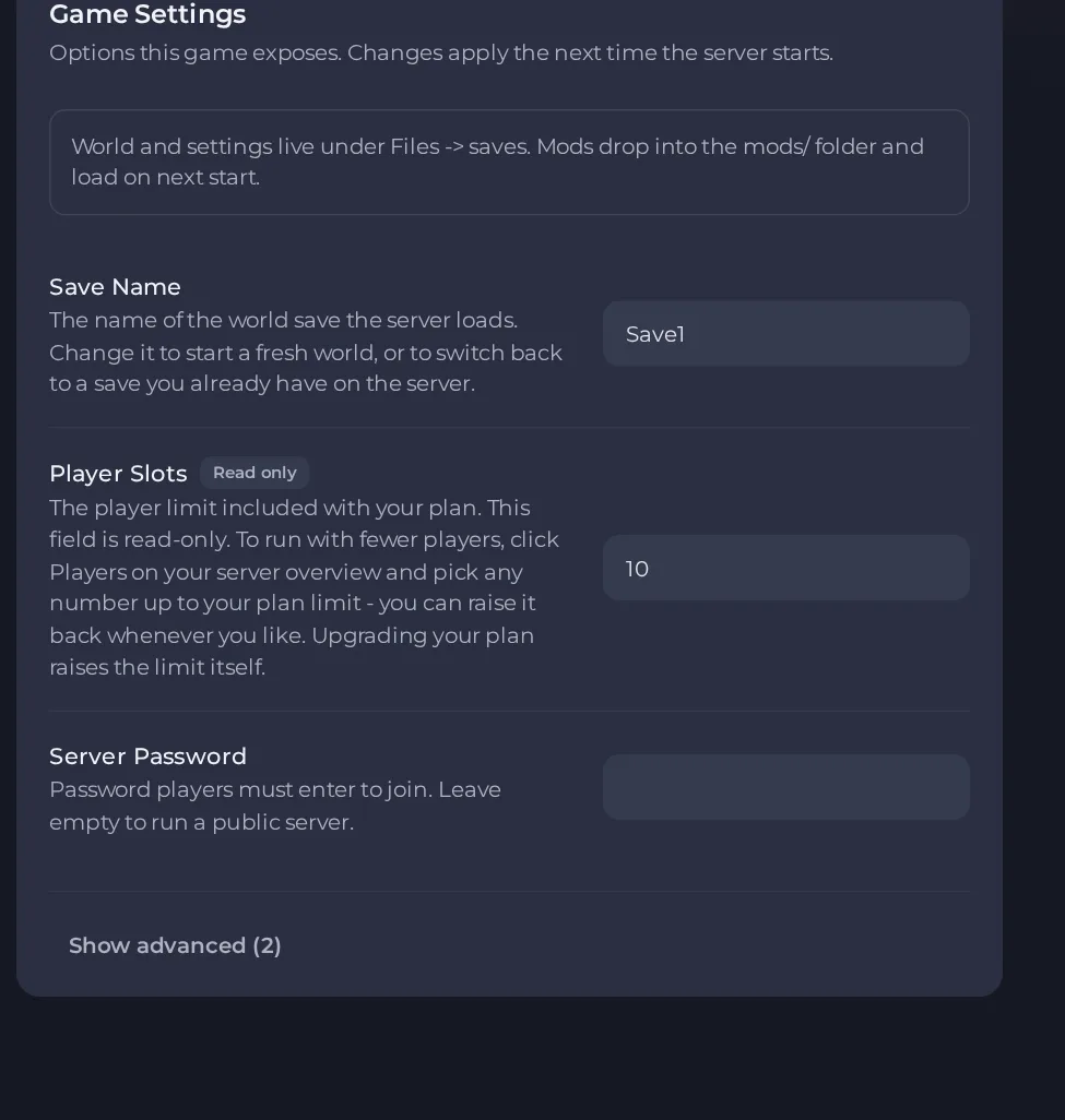 The Game Settings page of a Necesse server in the panel