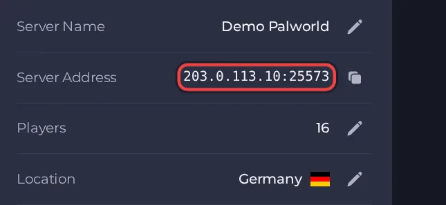 The Server Address row on the Overview page of a Palworld server