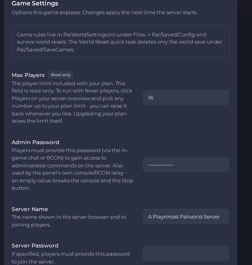 The Game Settings page of a Palworld server in the panel