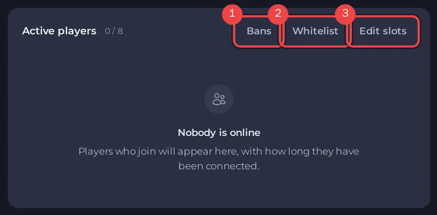 The Active players card of a Project Zomboid server with the Bans and Whitelist buttons