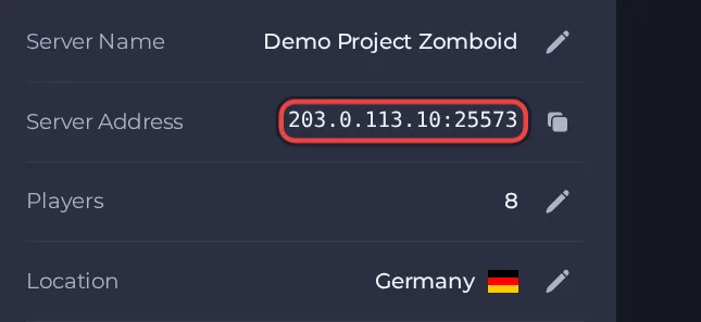 The Server Address row on the Overview page of a Project Zomboid server
