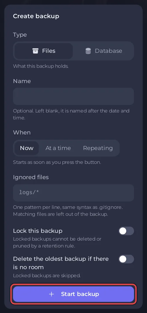 O cartão Criar backup na página Backups de um servidor Project Zomboid