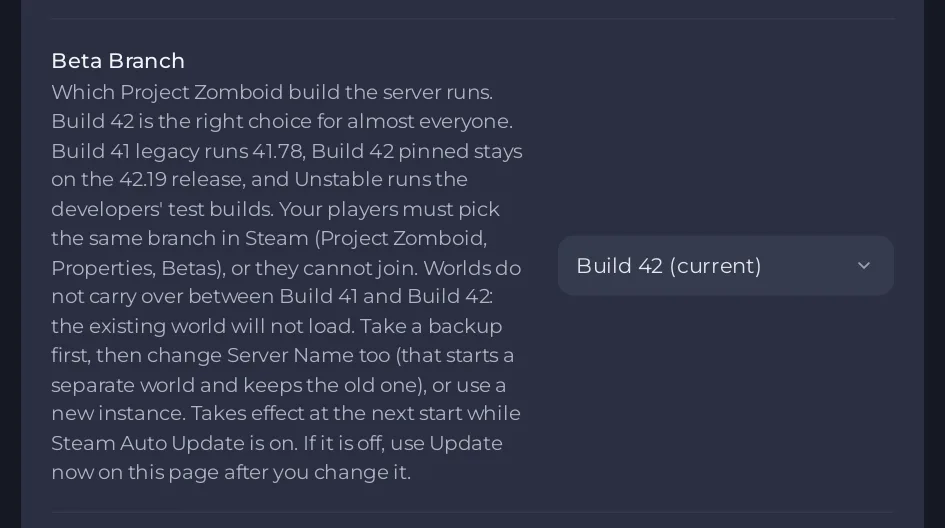 The Beta Branch list in Project Zomboid Game Settings with Build 42 current, Build 41 legacy, Build 42 pinned and Unstable