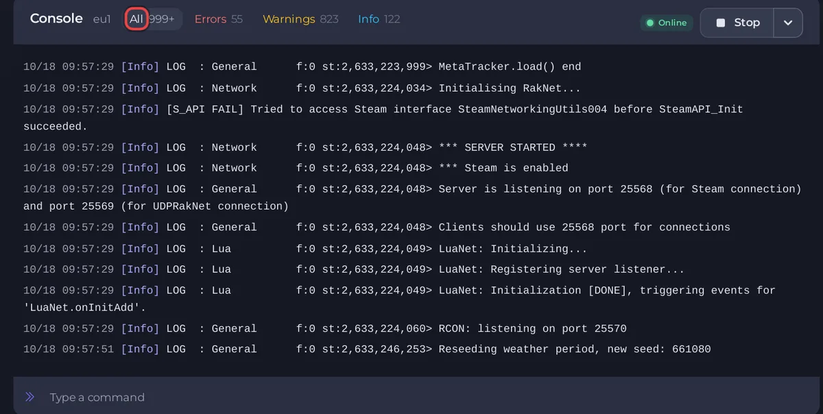 The Console tab of a Project Zomboid server with the output and the Type a command box