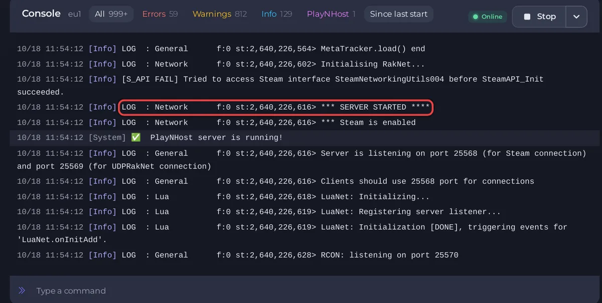 The Console of a Project Zomboid server that has just printed SERVER STARTED