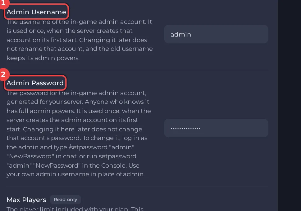 De instellingen Admin-gebruikersnaam en Adminwachtwoord in de Game-instellingen van Project Zomboid
