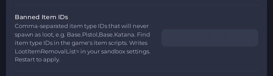 The Banned Item IDs row in Project Zomboid Game Settings