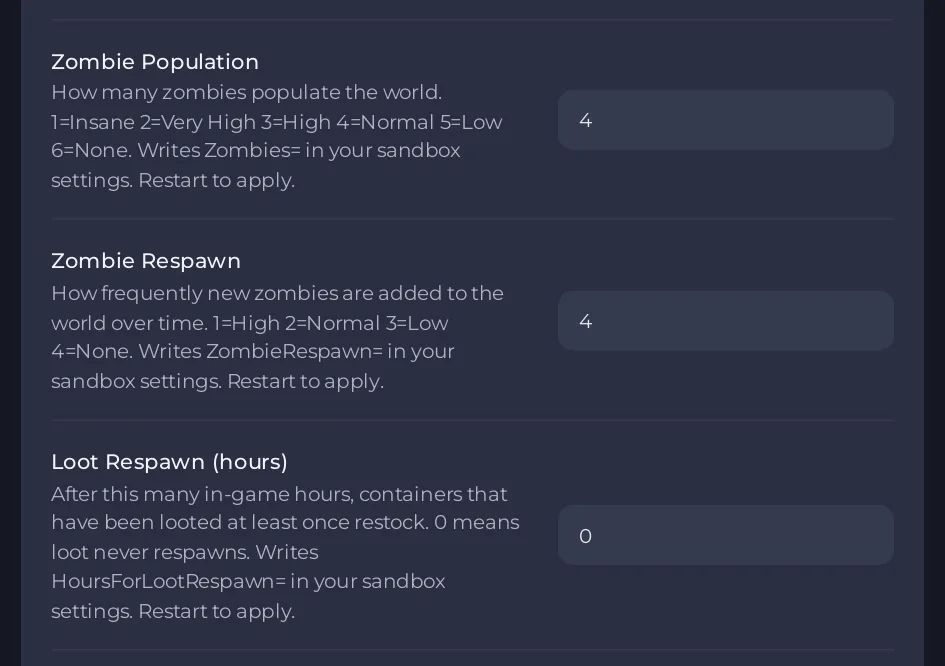The Zombie Population, Zombie Respawn and Loot Respawn rows in Project Zomboid Game Settings