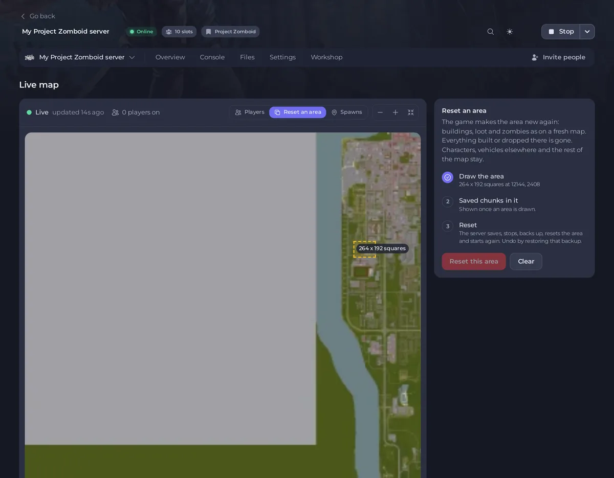 An area drawn on the Project Zomboid Live map in Reset an area mode