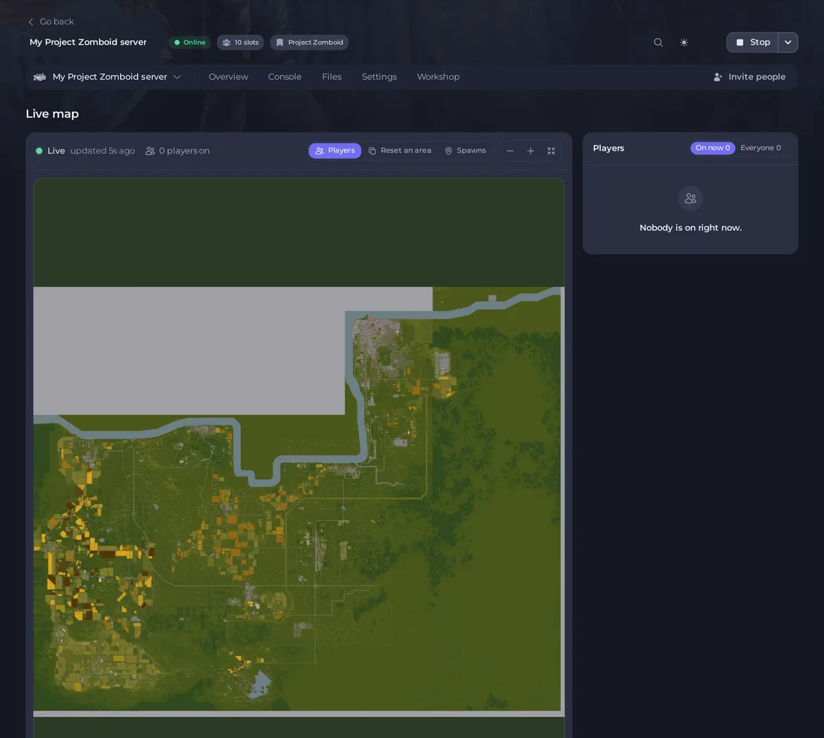 The Live map of a Project Zomboid server with the Players panel