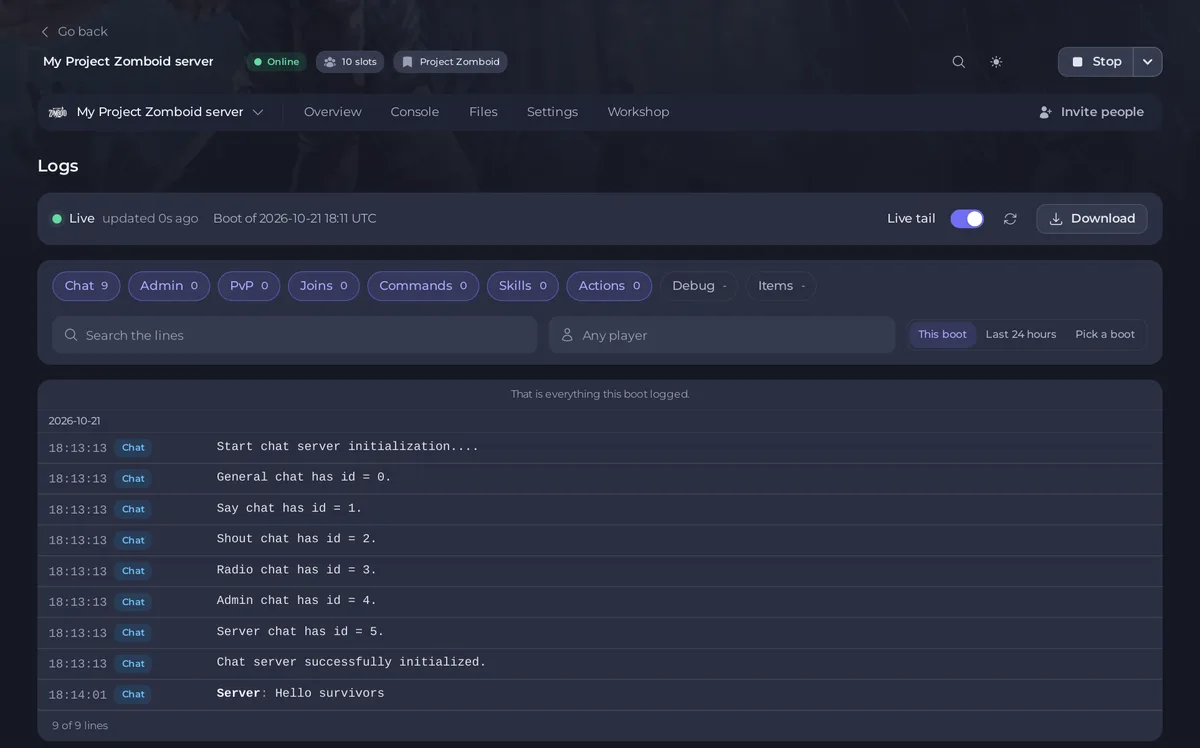 The Logs page of a Project Zomboid server with the kinds of log and the lines