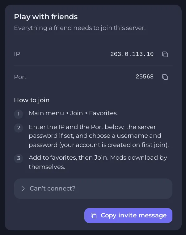 The Play with friends card with the Copy invite message button