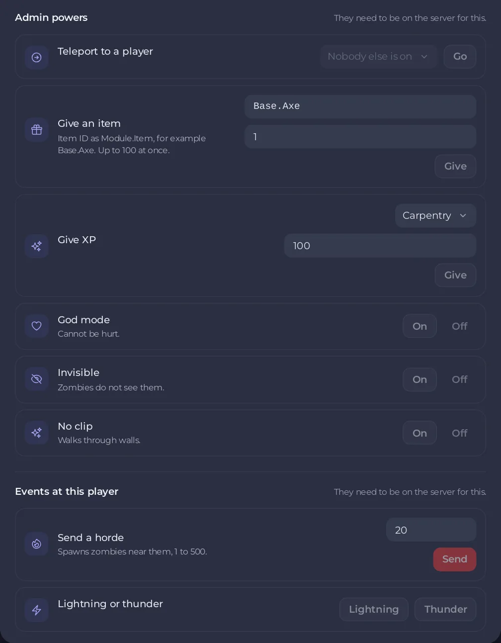 The Admin powers section of a player window on the Project Zomboid Players page