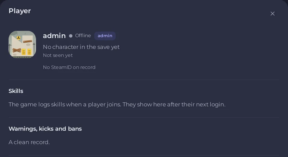 أعلى نافذة اللاعب في صفحة اللاعبين لسيرفر Project Zomboid مع Skills وWarnings, kicks and bans