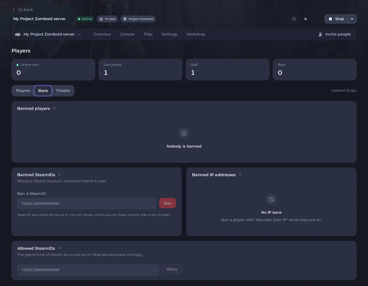 تبويب الحظر في صفحة اللاعبين لسيرفر Project Zomboid مع اللاعبين المحظورين وSteamID