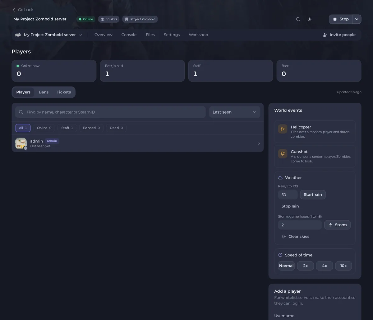 The Players page of a Project Zomboid server with the stat tiles and the player list