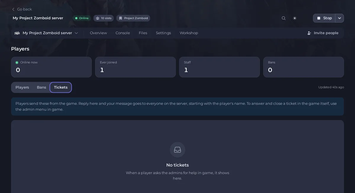 The Tickets tab of the Project Zomboid Players page
