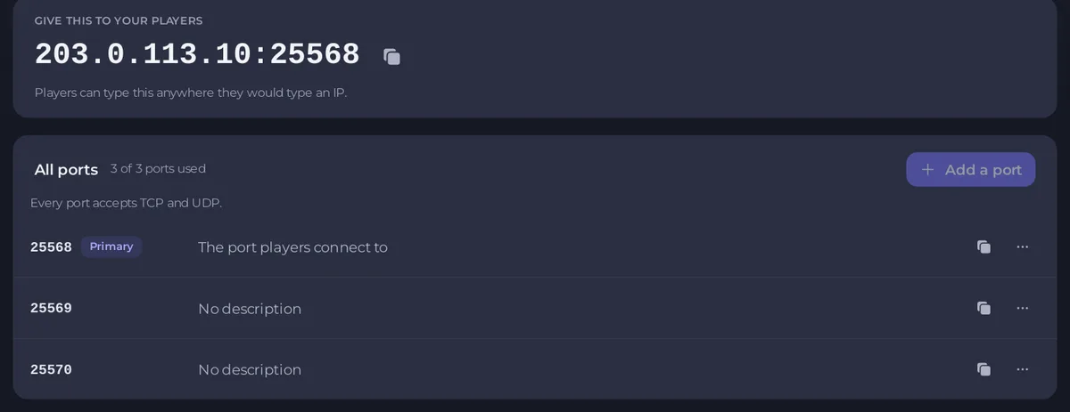 The Ports and Network page of a Project Zomboid server
