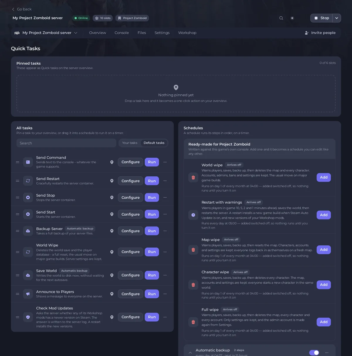 The Quick Tasks page of a Project Zomboid server with its tasks and schedules