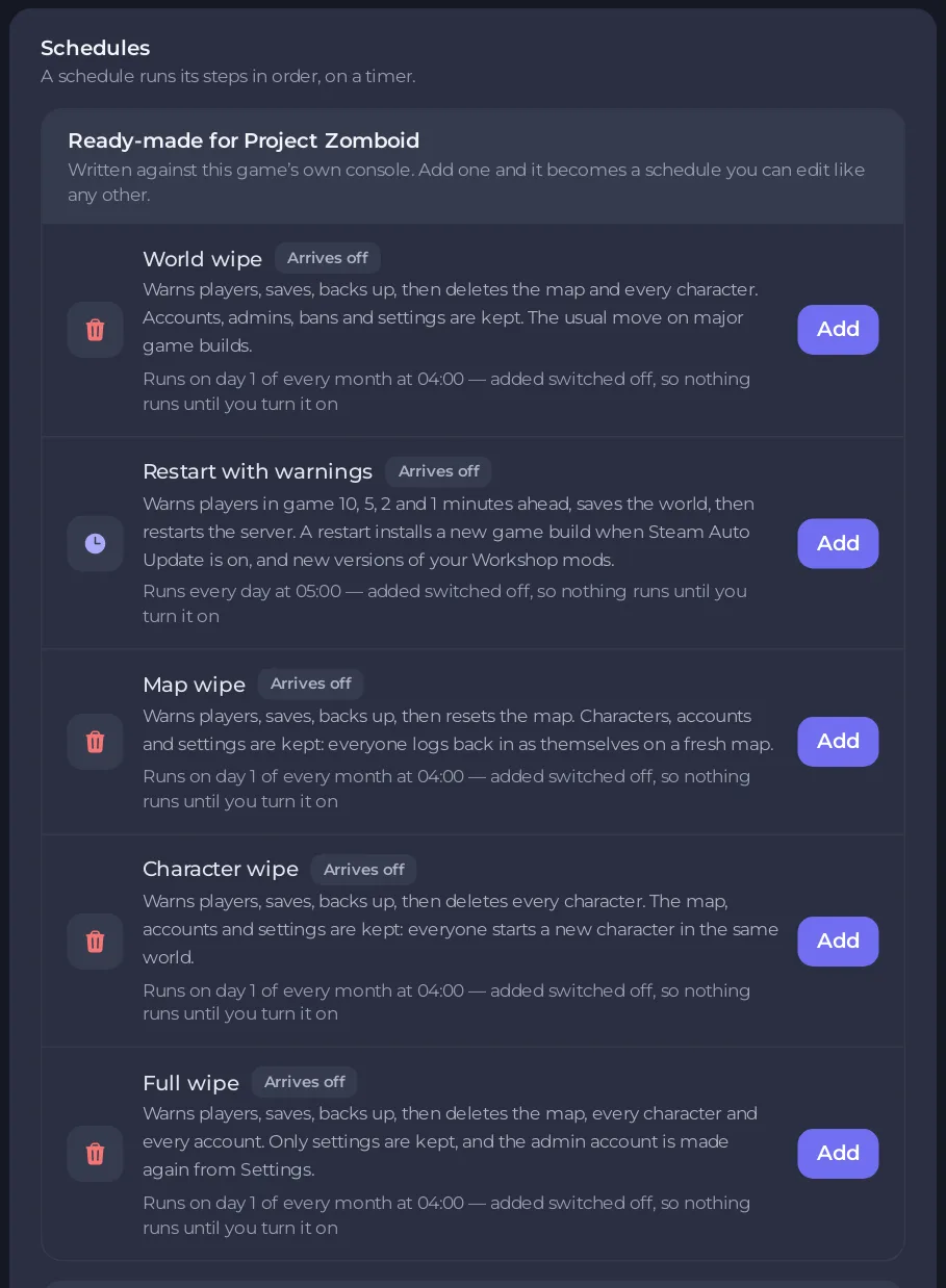 الجداول الجاهزة لـ Project Zomboid: Map wipe وCharacter wipe وWorld wipe وFull wipe