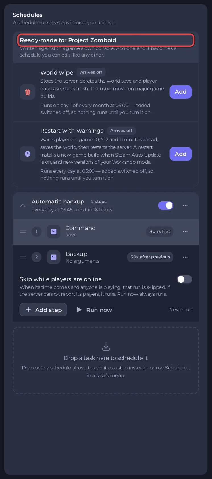 The Schedules section of Quick Tasks with the ready-made Project Zomboid schedules