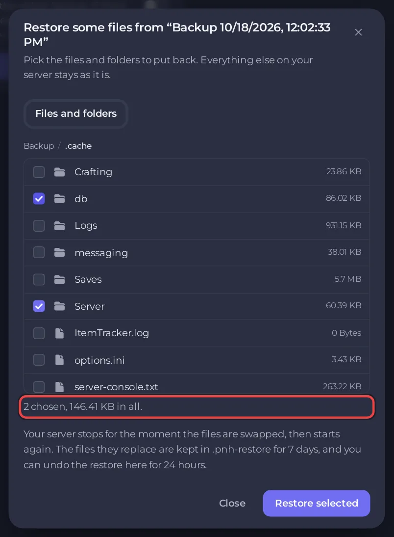 The Restore some files window with the Project Zomboid settings files ticked