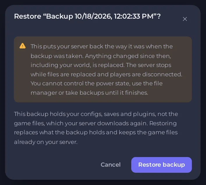 The Restore backup window for a Project Zomboid backup without the delete option