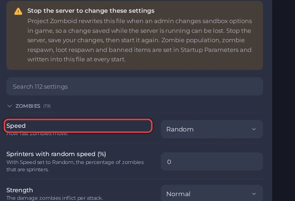 The Zombies group of the Project Zomboid Sandbox Settings editor with Speed and Strength