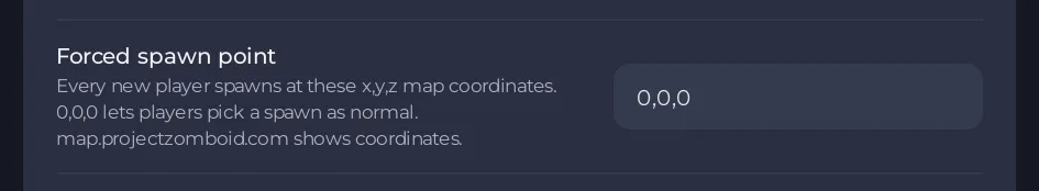 The Forced spawn point setting in the Players group of the Project Zomboid Server Settings editor