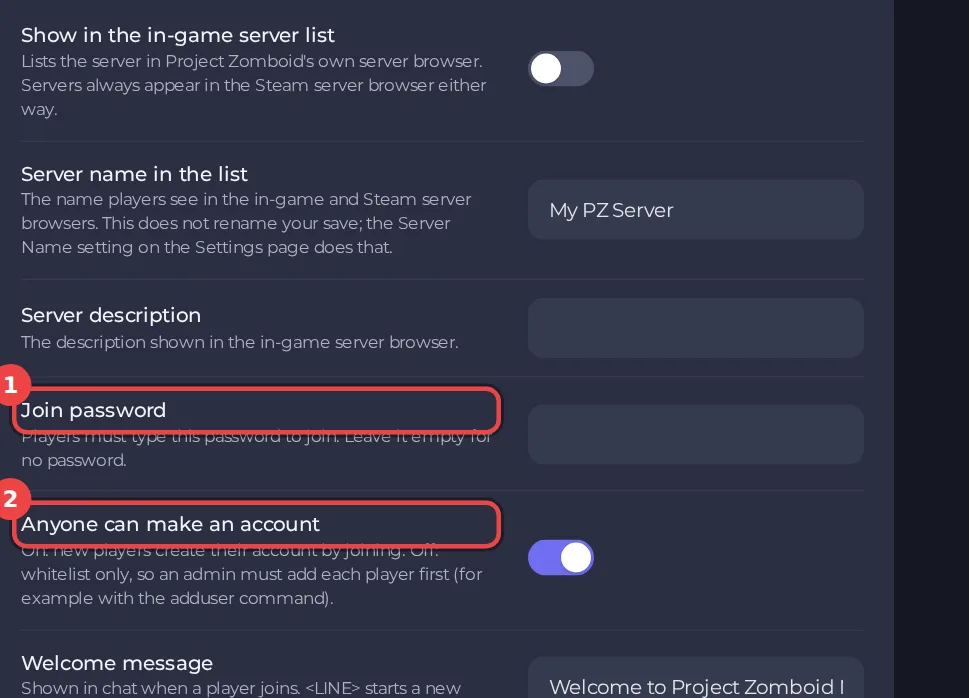 The Anyone can make an account setting in the Project Zomboid Server Settings editor