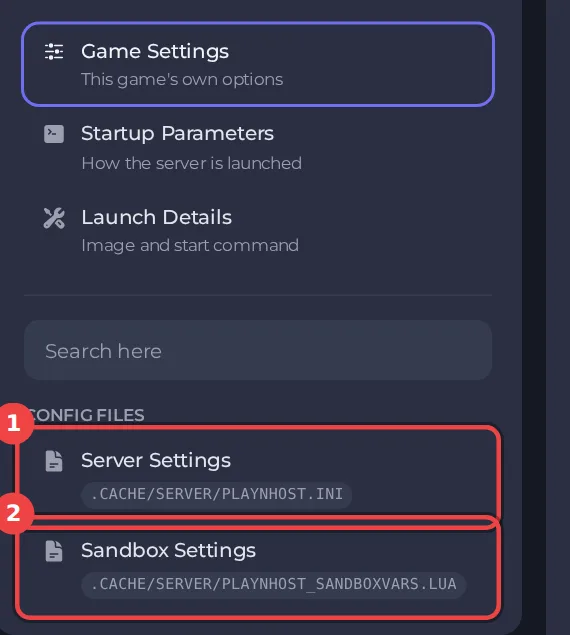 The Config files list on the Project Zomboid Settings page with Server Settings and Sandbox Settings