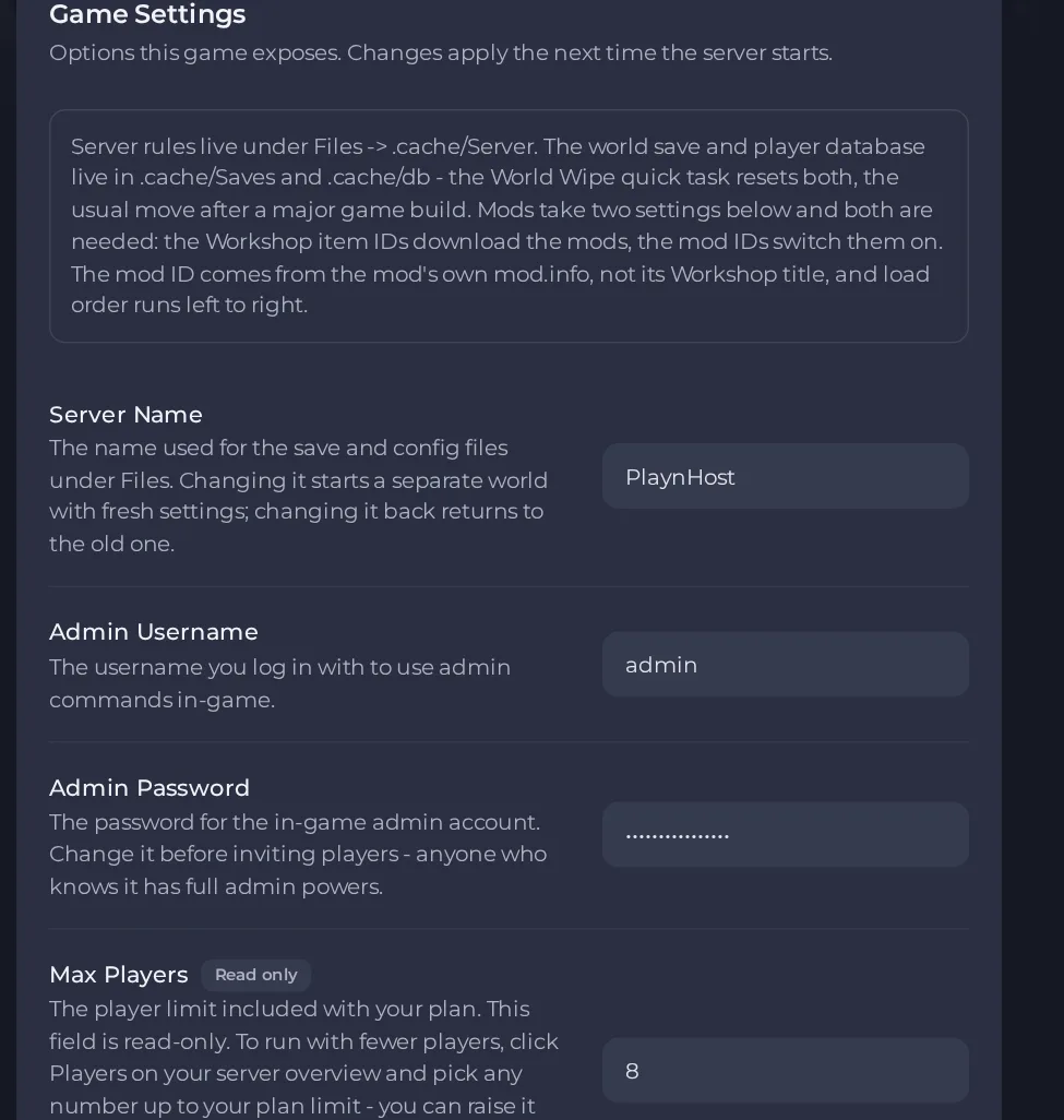The Game Settings page of a Project Zomboid server in the panel