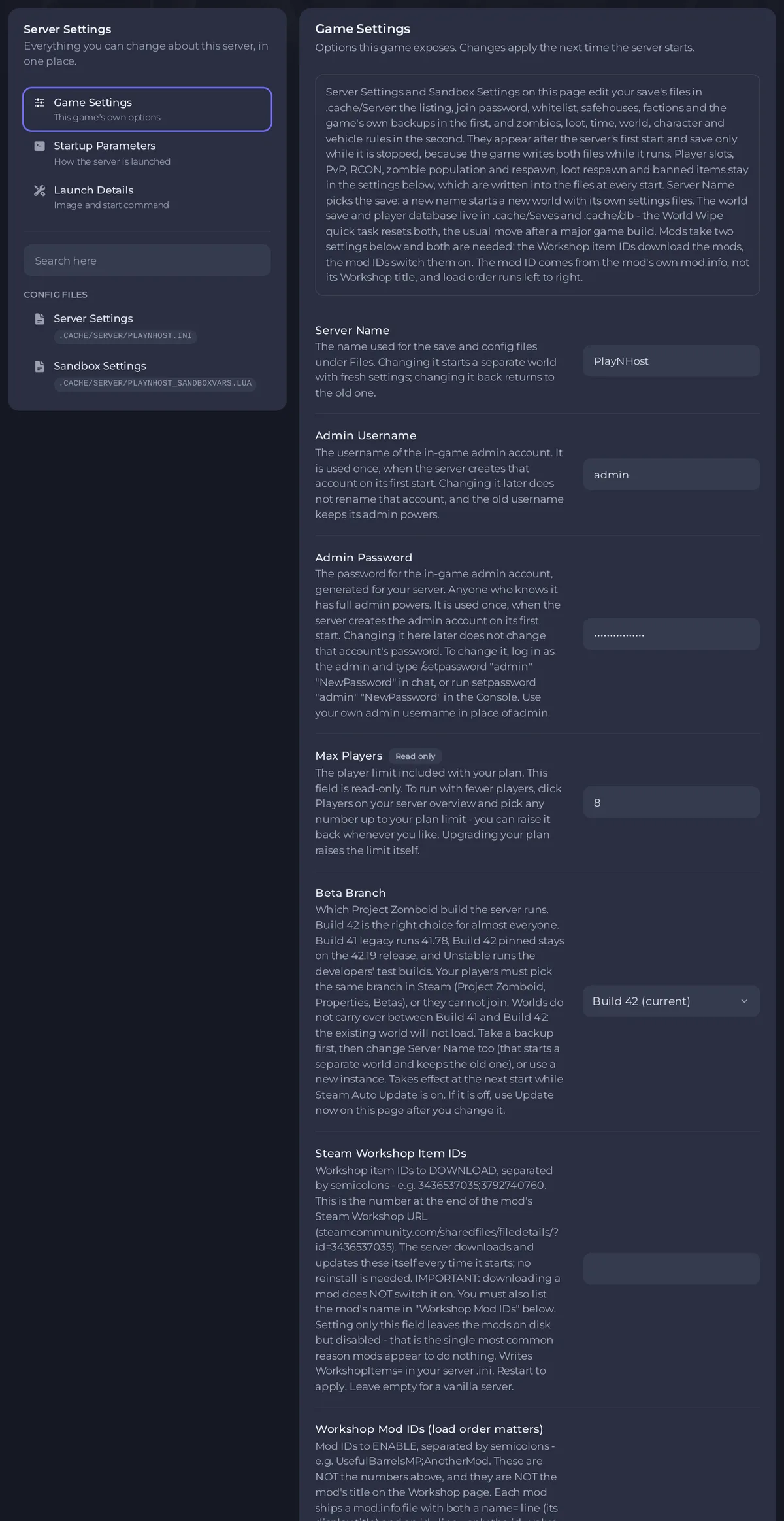 La page Paramètres du jeu d’un serveur Project Zomboid dans le panel